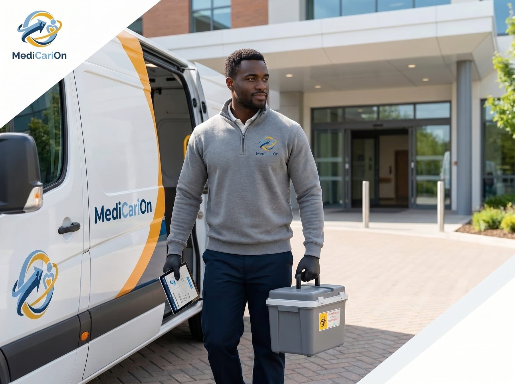 MediCariOn courier in branded uniform carrying a specimen transport case and tablet outside a healthcare facility