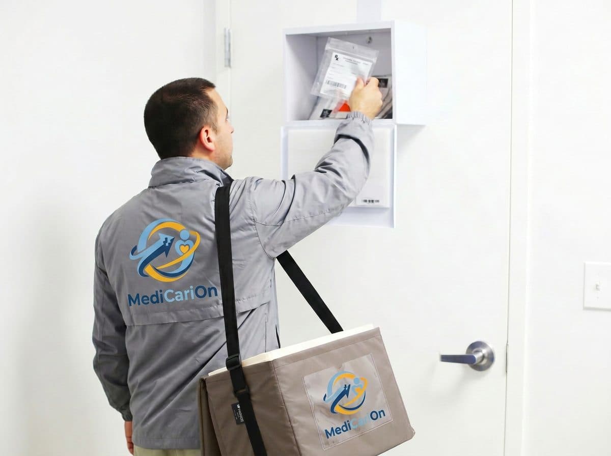MediCariOn courier placing a sealed specimen bag into a secure wall-mounted pickup box while carrying an insulated transport bag