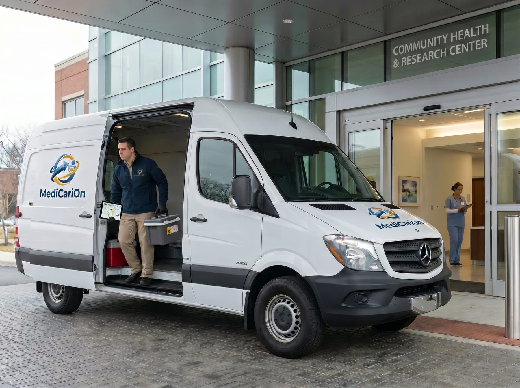 MediCariOn medical courier unloading a biohazard specimen case from a branded delivery van outside a community health and research center entrance